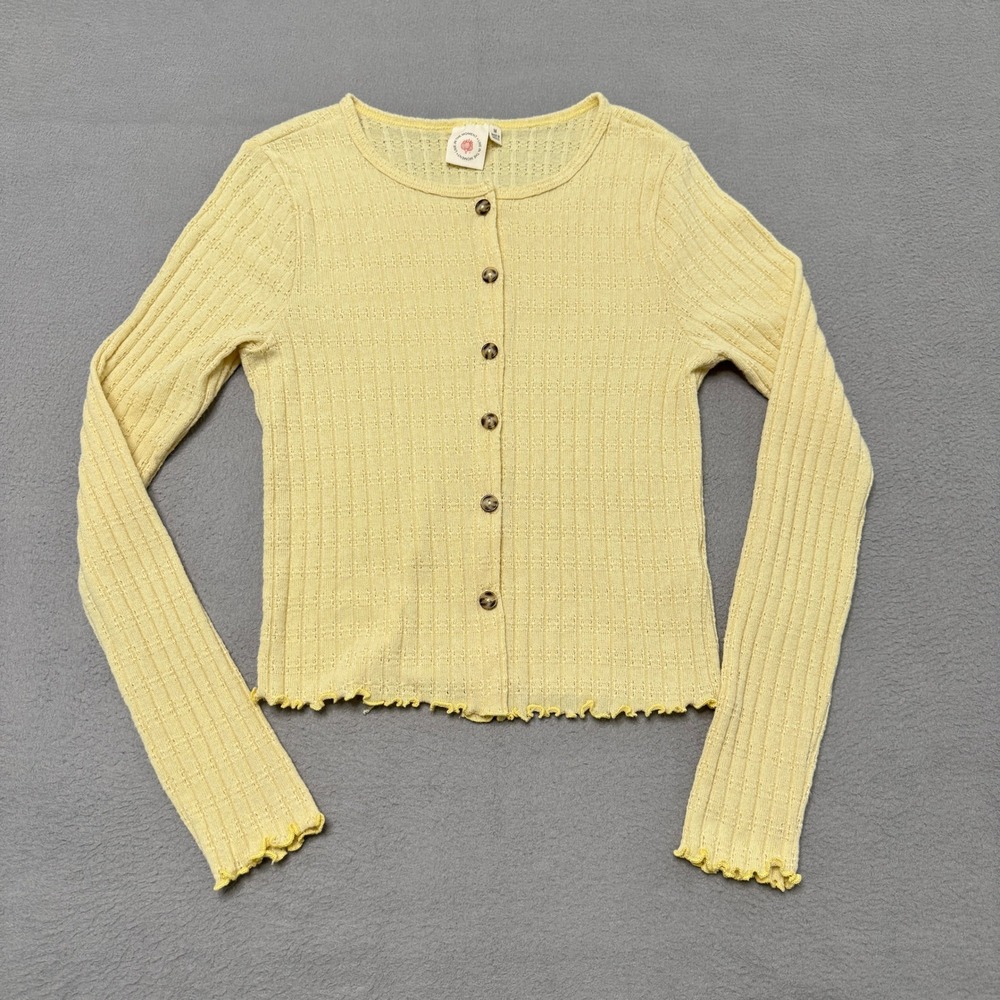 Live In The Moment Cardigan Women Medium Yellow Ribbed Knit Lettuce Edge Button